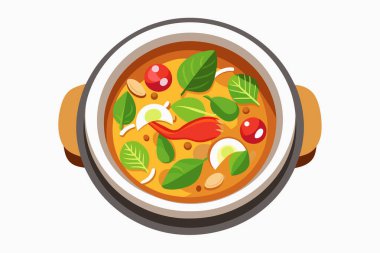 Tavuk, fesleğen ve biberli Tayland körisi. Geleneksel Tayland yemeği. Orijinal Asya mutfağı kavramı, ulusal yemek, baharatlı yemek. Grafik sanatı. Beyaz arkaplanda izole