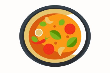 Tayland Tom Yum çorbası, karides, mantar, taze otlar. Aromatik baharatlı et suyu. Konsept Asya mutfağı, Tayland mutfağı, egzotik yemekler, geleneksel yemekler. Grafik çizimi. Beyazda izole edilmiş