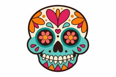 Ölüler Günü için çiçek desenli renkli şeker kafatası. Beyaz arka planda izole edilmiş. Dia de los Muertos kavramı, Cadılar Bayramı, şeker kafatası, kutlama, Meksika geleneği