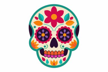 Ölüler Günü için çiçek desenli renkli şeker kafatası. Beyaz arka planda izole edilmiş. Dia de los Muertos kavramı, Cadılar Bayramı, şeker kafatası, kutlama, Meksika geleneği
