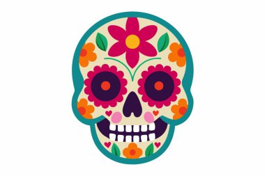 Ölüler Günü için çiçek desenli renkli şeker kafatası. Beyaz arka planda izole edilmiş. Dia de los Muertos kavramı, Cadılar Bayramı, şeker kafatası, kutlama, Meksika geleneği