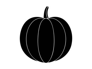 Beyaz arka planda izole edilmiş siyah balkabağı silueti. Simge, logo, imza, resim. Minimalist Cadılar Bayramı dekoru, mevsimsel grafik tasarımı, çiftçilik, hasat
