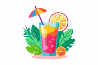 Beyazda izole edilmiş taze tropikal kokteyl. Çiçek dekorunda canlı meyve suyu. Yaz içkileri, egzotik içecekler, boş zaman. Tasarım elemanı. Yazdır. Grafik illüstrasyon.