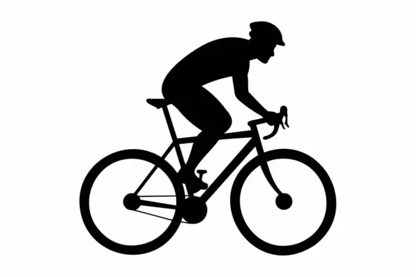 Beyaz arka planda izole edilmiş siyah bisikletçi silueti. Bisikletli adam. Grafik sanatı. Fitness, bisiklet, spor, aktif yaşam tarzı kavramı. Simge, şablon, işaret, logotip, yazdırma, tasarım ögesi