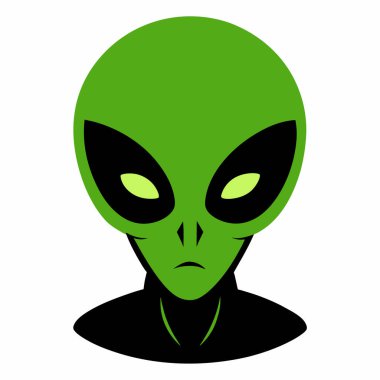 Beyaz arka planda izole edilmiş büyük gözlü yeşil uzaylı kafası. Çizgi film tarzında bir insansı portre. Dünya dışı, bilim kurgu tasarımı, uzay yaratığı kavramı. Grafik sanatı