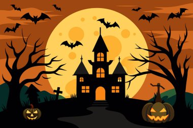 Cadılar Bayramı gecesinde yarasalar ve balkabaklarıyla hayaletli bir ev. Balkabağı fenerleri ve dolunayı olan ürkütücü bir malikane. Cadılar Bayramı kavramı, perili ev, ürkütücü atmosfer ve gece sahnesi.