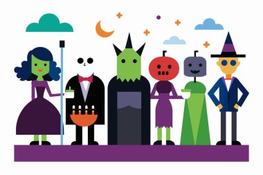 Cadılar Bayramı karakterleri arasında cadı, iskelet, canavar ve robotlar var. Renkli kostümler giymiş bir grup ürkütücü şahsiyet. Cadılar Bayramı, ürkütücü, kostüm, karakter konsepti. Beyazda izole edilmiş