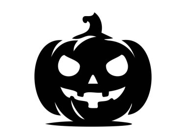 Cadılar Bayramı balkabağının siyah silueti. - Sanat. Tehditkar bir sırıtışla tuhaf bir Jack-o-Lantern. Beyaz arka plan. Cadılar Bayramı konsepti, şenlikli dekor, sonbahar kutlaması, ürkütücü sembol. Simge