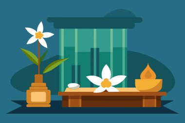 Mumları, çiçekleri, havluları olan şık bir spa ortamı. Rahatlamak için sakinleşme inzivası. Lüks Tayland spa 'sı, sükunet, hoşgörü kavramı. Grafik çizimi. Yazdır, tasarım ögesi