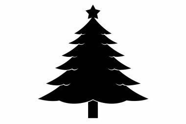 Tepesinde yıldız olan bir Noel ağacı silueti, minimalist bayram, şenlikli dekorasyon, kış mevsimi, basit tasarım konsepti. Beyaz arkaplanda siyah siluet izole edildi.