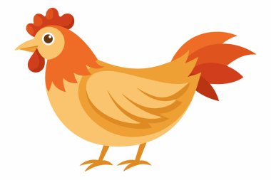 Kırmızı tarak ve turuncu tüylü çizgi film tavuğu. Parlak renkler, çiftlik hayvanı, kuş, kümes hayvanı konsepti, illüstrasyon. Beyaz arkaplanda izole.