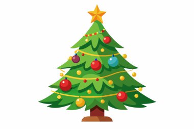 Süslü ve yıldızlı Noel ağacı. Renkli dekorasyonlar, tatil ağacı, kış kutlaması, yeni yıl, şenlikli tasarım konsepti. Beyaz arkaplanda izole.