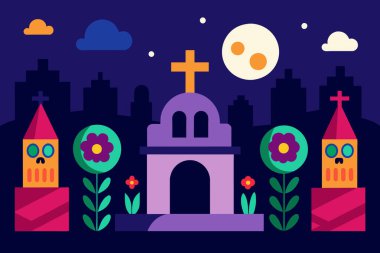 Geceleri haç ve mumlarla dolu şenlikli mezarlık sahnesi. Çiçekleri ve ay ışığı olan renkli bir mezarlık. Ölüler Günü kavramı, Dia de los Muertos, kutlama, kültürel gelenek, Cadılar Bayramı