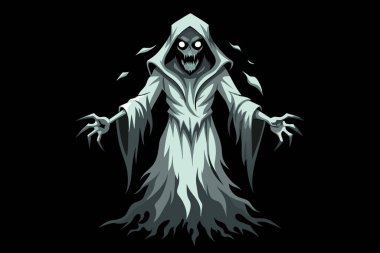 Kapüşonlu ve kara gözlü Azrail hayaleti. Korkunç iskelet ruhu. Korku, Cadılar Bayramı, ürkütücü karanlık, doğaüstü varlık konsepti. Siyah arkaplanda izole.