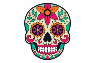 Ölüler Günü için çiçek desenli renkli şeker kafatası. Beyaz yüzeyde izole edilmiş. Dia de los Muertos kavramı, Cadılar Bayramı, şeker kafatası, kutlama, Meksika geleneği