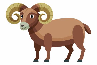 Çizgi filmdeki koca boynuzlu koyunlar büyük kavisli boynuzları ve kahverengi kürkleriyle öne bakıyor. Sevimli hayvan çizimi. Vahşi yaşam, doğa, koç, hayvan tasarımı, illüstrasyon konsepti. Beyaz arkaplanda izole.