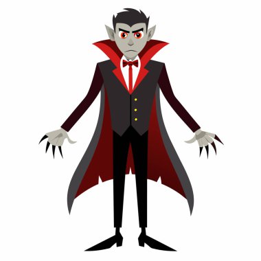 Kırmızı pelerinli ve sivri dişli çizgi film vampiri. Cadılar Bayramı karakteri. Drakula kostümü, ürkütücü, korku konsepti. Beyaz arkaplanda izole.