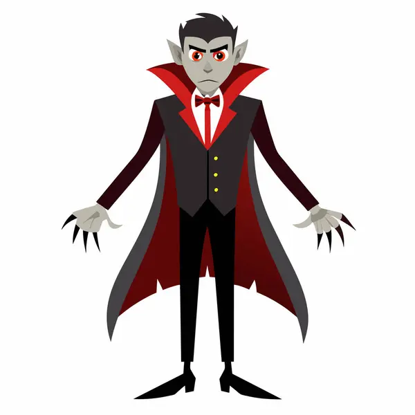 Kırmızı pelerinli ve sivri dişli çizgi film vampiri. Cadılar Bayramı karakteri. Drakula kostümü, ürkütücü, korku konsepti. Beyaz arkaplanda izole.