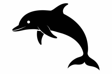 Beyaz arka planda izole edilmiş bir yunus silueti. Basit bir tasarım içinde siyah yunus çizimi. Hayvan tasviri kavramı, deniz yaşamı, minimalist tasarım, su ikonu