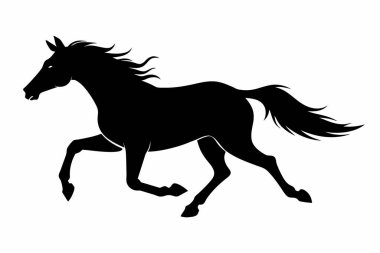 Beyaz arka planda izole edilmiş koşan bir atın siyah silueti. Vahşi hayvan çizimi kavramı, minimalist stil, dörtnala koşan at. Yazdır, simge, logo, şablon, pictogram, tasarım elementi.