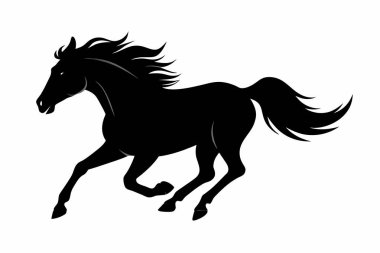 Beyaz arka planda izole edilmiş koşan bir atın siyah silueti. Vahşi hayvan çizimi kavramı, minimalist stil, dörtnala koşan at. Yazdır, simge, logo, şablon, pictogram, tasarım elementi