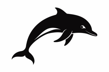 Beyaz arka planda izole edilmiş bir yunus silueti. Basit bir tasarım içinde siyah yunus çizimi. Hayvan tasviri kavramı, deniz yaşamı, minimalist tasarım, su ikonu.