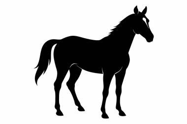 Beyaz arka planda izole edilmiş siyah bir atın silueti. At illüstrasyonu minimalist tarzı, görkemli hayvan sanatı, baskılar, simgeler, logolar ve tasarım elementleri için uygun..