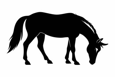 Beyaz arka planda izole edilmiş siyah bir at silueti. Vahşi hayvan çizimi kavramı, minimalist stil, at sanatı. Yazdır, simge, logo, şablon, pictogram, tasarım elementi