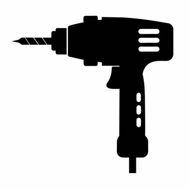 Beyaz arka planda izole edilmiş çekiç matkabı silueti. İnşaat ve endüstriyel tasarım için güçlü elektrikli alet çizimi. Tasarım için baskı, simge, logo, şablon, pictogram, grafik ögesi.