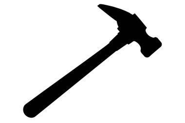 Beyaz arka planda izole edilmiş siyah bir çekiç silueti. Alet çizimi konsepti, minimalist stil, inşaat, ev geliştirme. baskı, simge, logo, şablon, pictogram, tasarım elementi.
