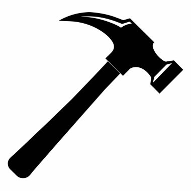 Beyaz arka planda izole edilmiş siyah bir çekiç silueti. Alet çizimi konsepti, minimalist stil, inşaat, ev geliştirme. baskı, simge, logo, şablon, pictogram, tasarım elementi.