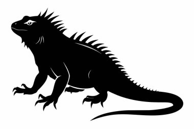 Beyaz arka planda izole edilmiş siyah bir iguana silueti. Sürüngen illüstrasyonu, minimalist stil, vahşi hayvan sanatı. Yazdır, simge, logo, şablon, pictogram, tasarım elementi