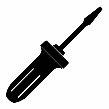 Beyaz arka planda siyah tornavida silueti var. Yapım, onarım ve bakım için el bilgisayarı ikonik tasarımı. Logolar ve baskılar için basitlik ve minimalizm kavramı.