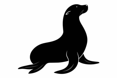 Beyaz arka planda izole edilmiş siyah bir deniz aslanı silueti. Deniz hayvanı illüstrasyonu minimalist su yaban hayatı konsepti. Sanat için simge logo şablonu tasarım elementini yazdır.