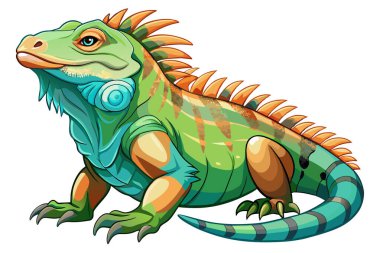 Beyaz arka planda turuncu ve mavi çizgili canlı yeşil iguana. Vahşi hayvan tasviri, sevimli sürüngen ve minimalist stil kavramı. Tasarım için yazdır, simge, logo, element.