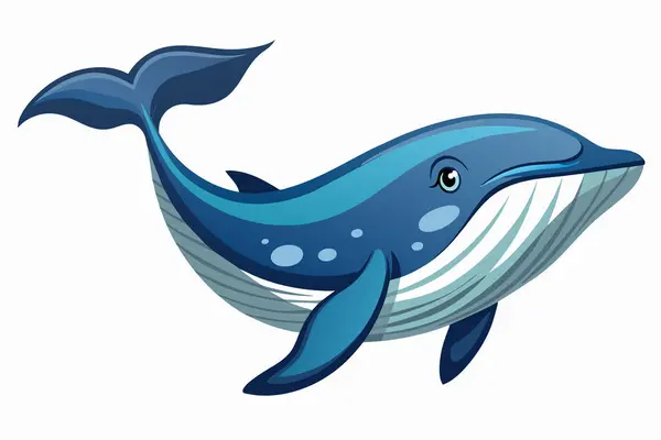 Mavi balina beyaz arka planda izole edilmiş. Okyanus hayvanlarının tasviri, deniz yaşamı, su altı, çocuk sanatı. Yazdırma, simge, logo, dijital sanat, tasarım ögesi.
