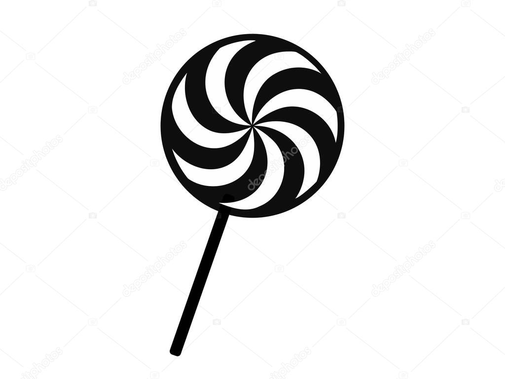 Black silhouette of a lollipop with a swirled pattern. Isolated on white background. Sweet candy icon in a minimalist style. Concept of confectionery, dessert, festive treat. Print, design element.