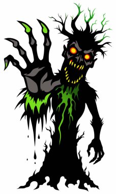 Beyaz arka planda izole edilmiş yeşil ve kırmızı detayları olan siyah bir zombi tasviri. Zombi sanatı. Korku kavramı, Cadılar Bayramı, ürpertici tasarım. Yazdır, simge, tasarım ögesi