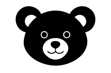 Beyaz arka planda izole edilmiş siyah bir ayı yüzü. Şirin peluş bebek ayı kafası. Çocuk oyuncakları, çocukluk, eğlence, oyun, oyun zamanı, minimalist tasarım. Yazdır, simge, tasarım ögesi