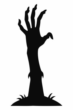 Beyaz arka planda izole bir şekilde yerden yükselen bir zombi elinin siyah silueti. Ürkütücü Zombi el çizimi. Korku kavramı, Cadılar Bayramı, ürpertici tasarım. Yazdır, simge, tasarım ögesi