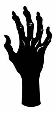 Beyaz arka planda izole edilmiş ürkütücü zombi elinin siyah silueti. Ürkütücü canavar el çizimi. Korku kavramı, Cadılar Bayramı, ürpertici tasarım. Yazdırma, simge, tasarım elemanı. Grafik sanatı