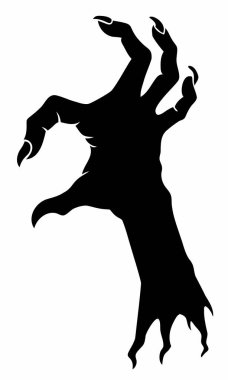 Beyaz arka planda izole edilmiş ürkütücü zombi elinin siyah silueti. Ürkütücü canavar el çizimi. Korku kavramı, Cadılar Bayramı, ürpertici tasarım. Yazdırma, simge, tasarım elemanı. Grafik sanatı