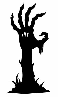 Beyaz arka planda izole bir şekilde yerden yükselen bir zombi elinin siyah silueti. Ürkütücü Zombi el çizimi. Korku kavramı, Cadılar Bayramı, ürpertici tasarım. Yazdır, simge, tasarım ögesi