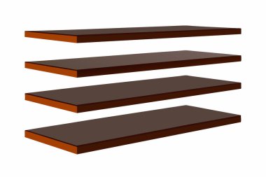 Kahverengi ahşap yüzen raflar beyaz arka planda izole edilmiş. Basit tasarımı olan minimalist raf ünitesi. Ev dekorasyonu, organizasyon, depolama, mobilya, iç tasarım kavramı