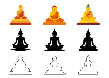 Nilüfer pozisyonu üzerine meditasyon yapan bir grup Buda. Budizm 'in sembolü. Altın Buda heykelleri, siyah siluetler, taslak. Beyaz arka planda izole edilmiş. Aydınlanma kavramı, meditasyon, Zen