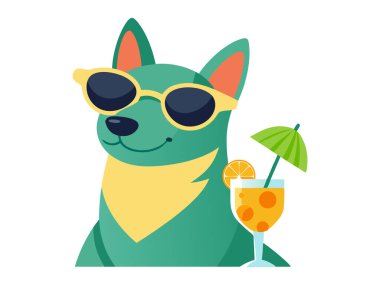 Güneş gözlüklü, tropik kokteyli olan komik bir köpek. Meyveli meşrubat. Yaz eğlencesi, eğlence, tatil havası. Beyaz arka planda izole edilmiş. Yazdır. Tasarım ögesi