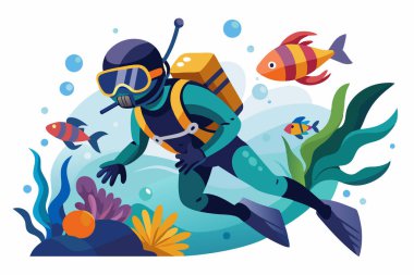 Scuba dalgıcı beyaz arkaplanda izole edildi. Grafik çizimi. Sualtı macerası kavramı, tüple dalış turizmi. Yazdır, tasarım ögesi