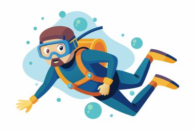 Scuba dalgıcı beyaz arkaplanda izole edildi. Grafik çizimi. Sualtı macerası kavramı, tüple dalış turizmi. Yazdır, tasarım ögesi