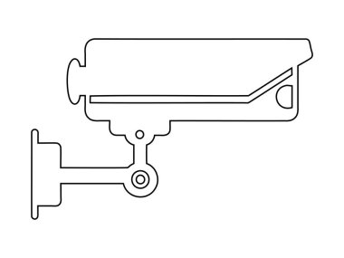 Beyaz arka planda izole edilmiş bir güvenlik kamerasının siyah çizgisi çizimi. Gözetleme ekipmanlarının basit grafik tasarımı. Yazdır, logo, işaret, tasarım ögesi, renklendirme sayfası