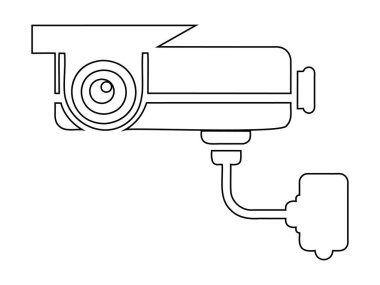 Beyaz arka planda izole edilmiş bir güvenlik kamerasının siyah çizgisi çizimi. Gözetleme ekipmanlarının basit grafik tasarımı. Yazdır, logo, işaret, tasarım ögesi, renklendirme sayfası